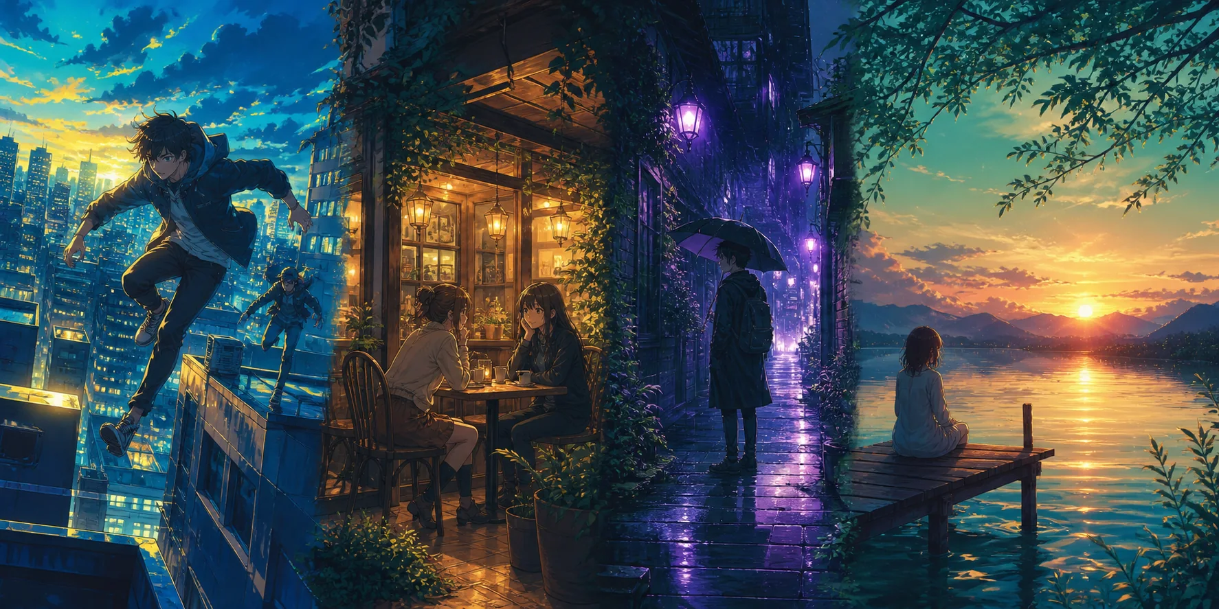 动作、咖啡馆日常、雨夜悬疑与湖边治愈组成的原创动漫氛围画面